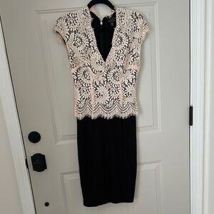 Ted Baker Black and White Sheath Dress with V-Neck and Flutter Cap Sleeves